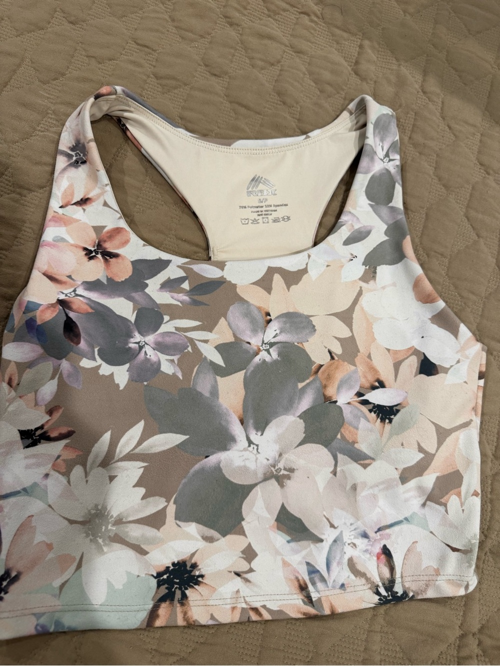 RBX Floral Racerback Crop Top - Peach, Beige & Gray small
